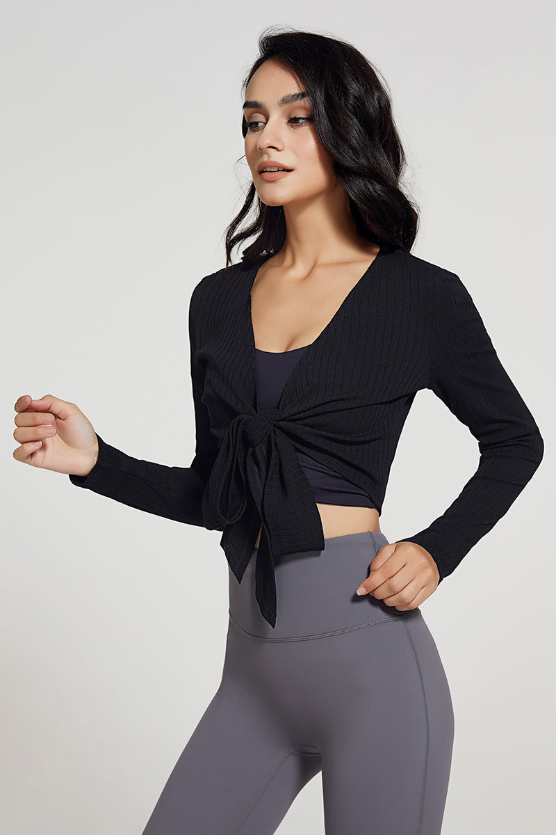 Ribbed V-neck Bandage Wrap Blouse Crop Top