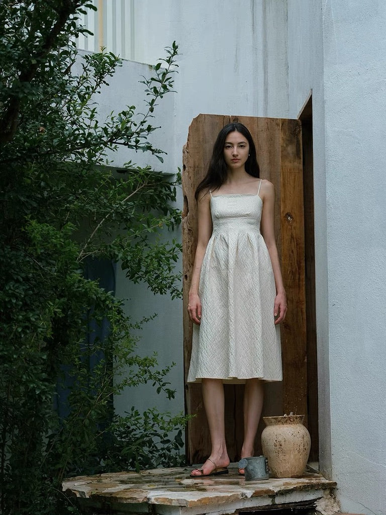 Textured Cami Mid Dress in Cream