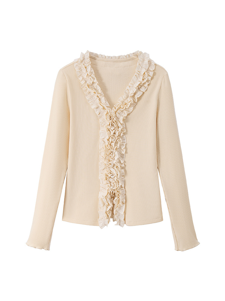 Ribbed Knit Cardigan with Double-Layer Floral Trim