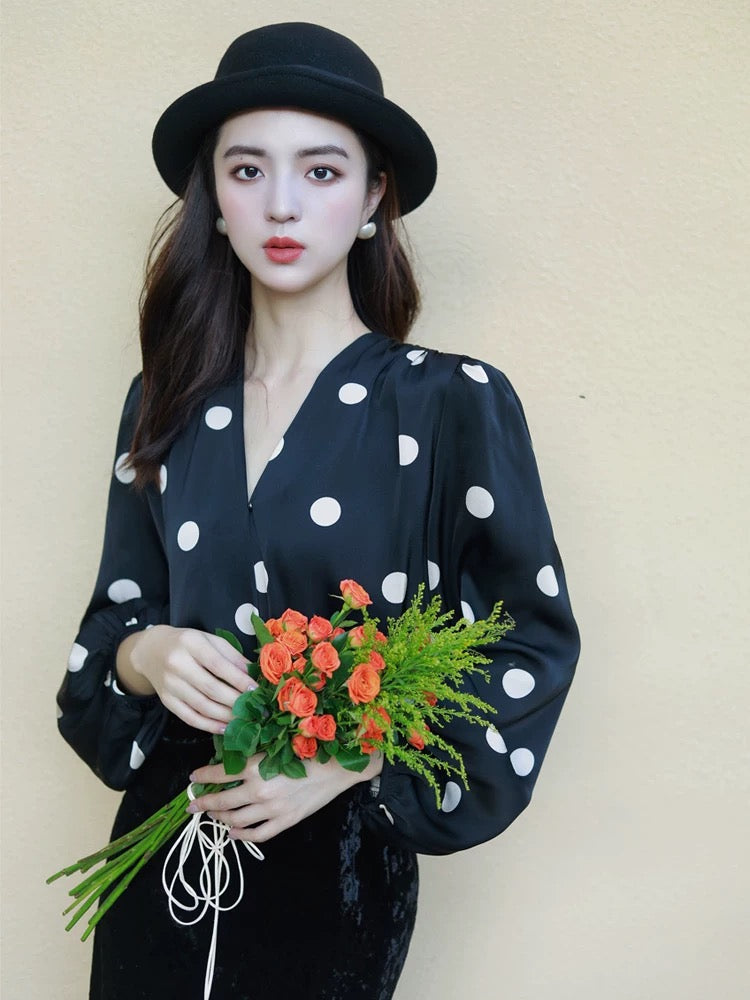 Polka Dot Blouson Sleeve Blouse in Black