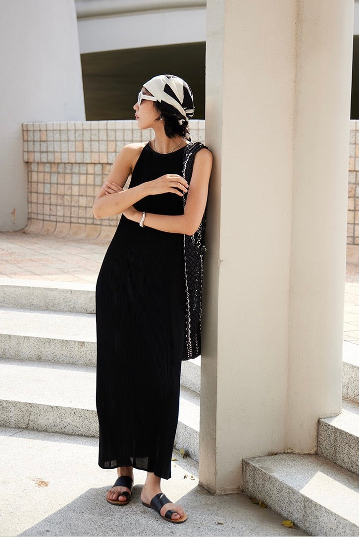 Pleated Maxi Tank Dress in Black