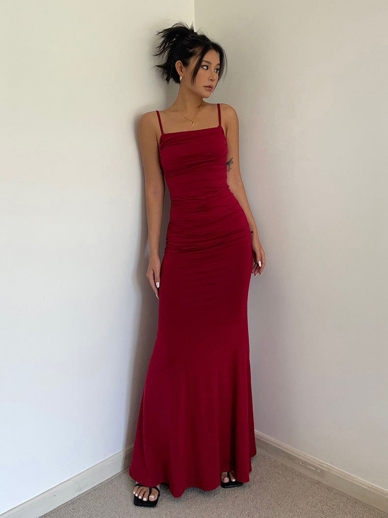 Shirring Cami Maxi Dress in Red