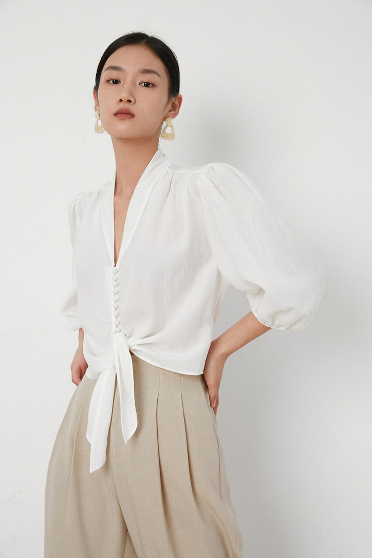 Tencel Blend Button Blouse in White