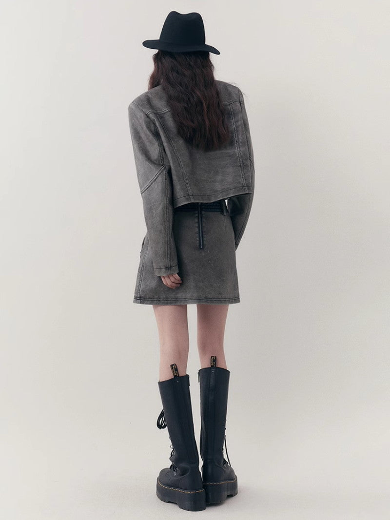 레더 캐주얼 핸썸 셋업 자켓&amp;미니스커트 