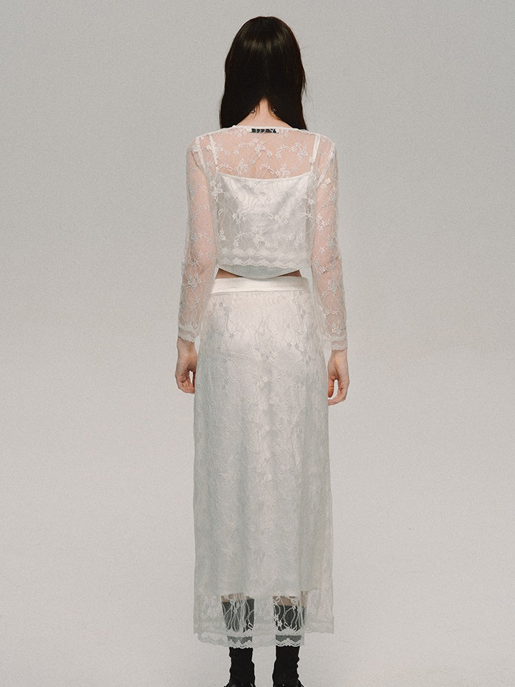 Set-Up Flwoer Lace Feminine Classy Tops＆Skirt