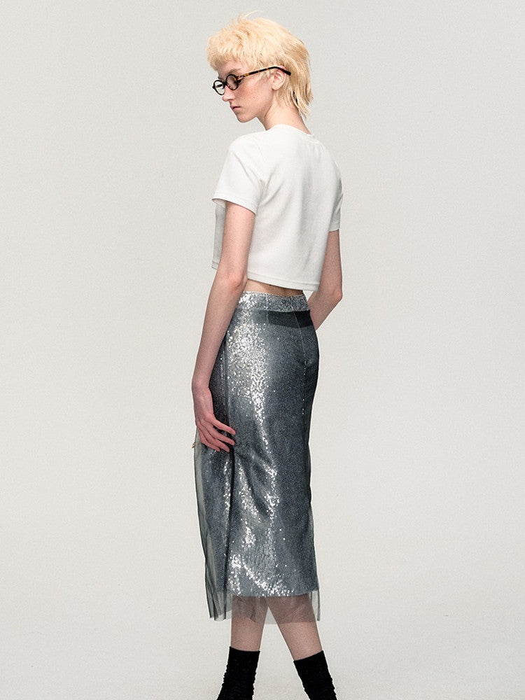 Sequins Pencil Nichi Glossy Long-Skirt