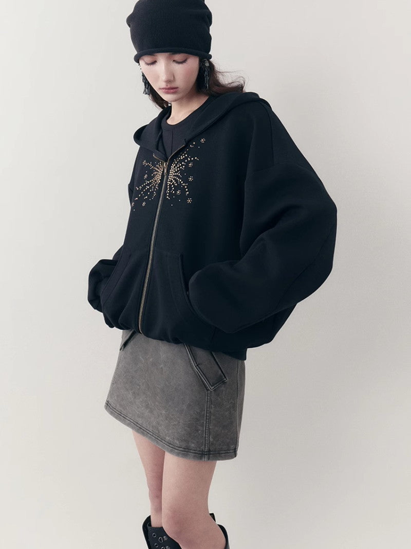 Rhinestone Flower Casual Sweat Oversize Parka