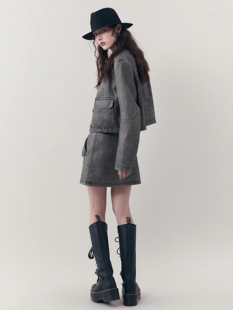 레더 캐주얼 핸썸 셋업 자켓&amp;미니스커트 