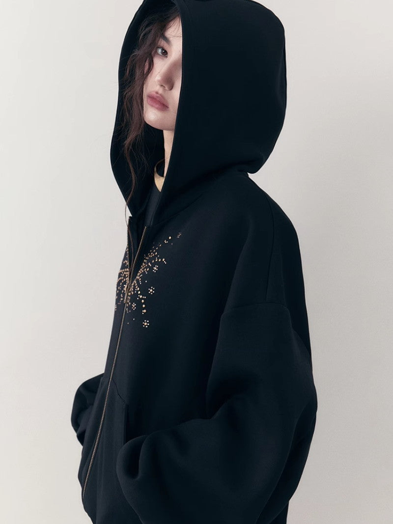 Rhinestone Flower Casual Sweat Oversize Parka