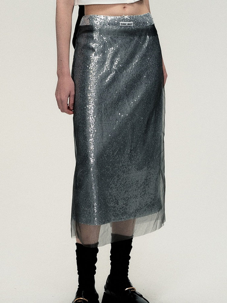 Sequins Pencil Nichi Glossy Long-Skirt