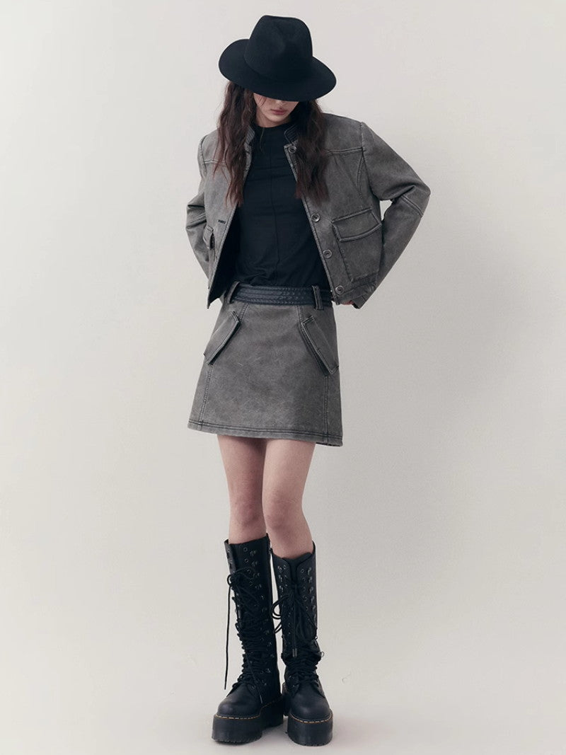 레더 캐주얼 핸썸 셋업 자켓&amp;미니스커트 