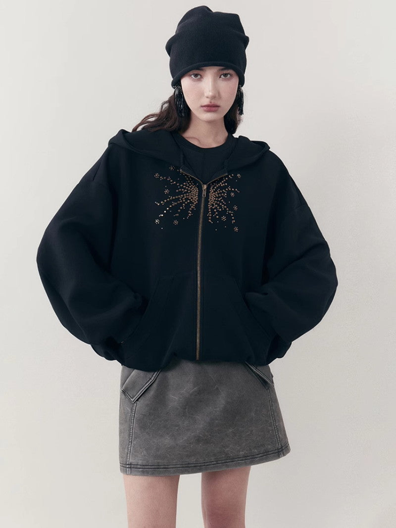 Rhinestone Flower Casual Sweat Oversize Parka