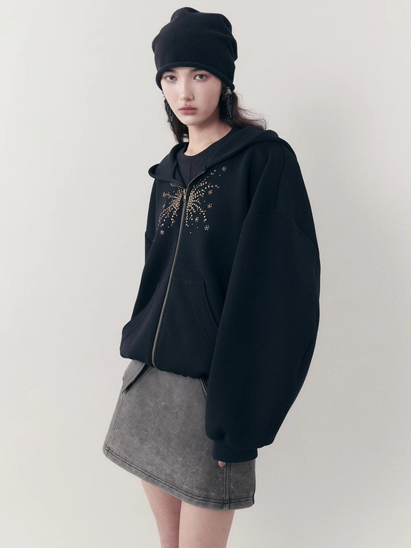 Rhinestone Flower Casual Sweat Oversize Parka