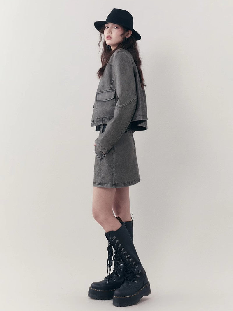 레더 캐주얼 핸썸 셋업 자켓&amp;미니스커트 