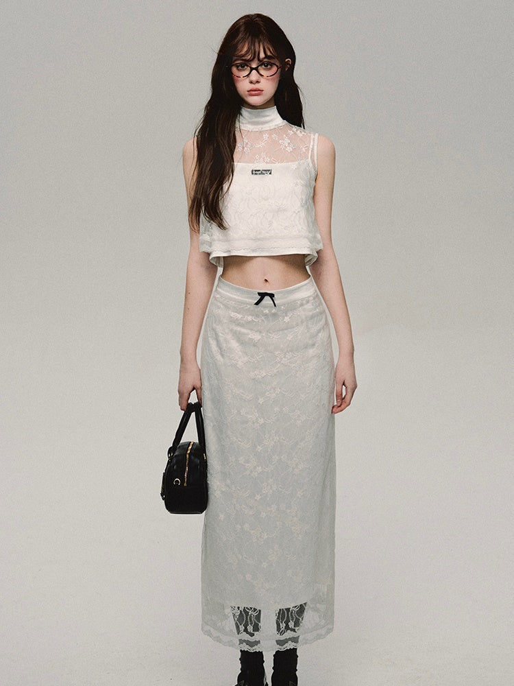 Set-Up Flwoer Lace Feminine Classy Tops＆Skirt