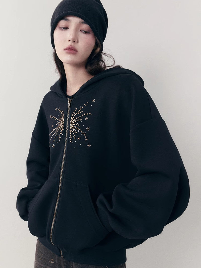 Rhinestone Flower Casual Sweat Oversize Parka