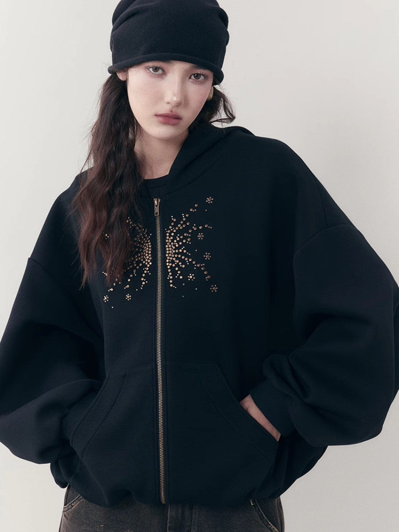 Rhinestone Flower Casual Sweat Oversize Parka