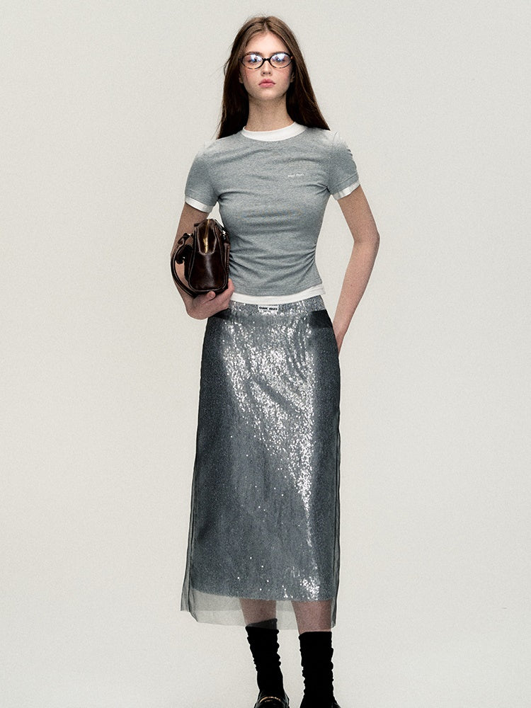 Sequins Pencil Nichi Glossy Long-Skirt