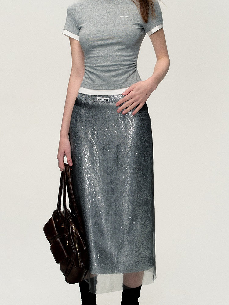 Sequins Pencil Nichi Glossy Long-Skirt