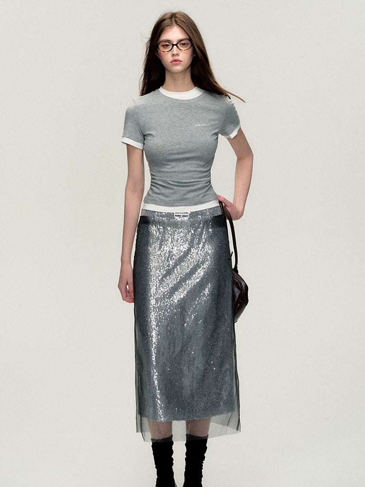 Sequins Pencil Nichi Glossy Long-Skirt