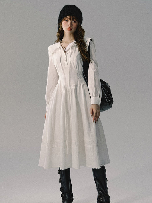 레이스 레이스업 세일러 칼라 레트로 가리 롱 원피스 