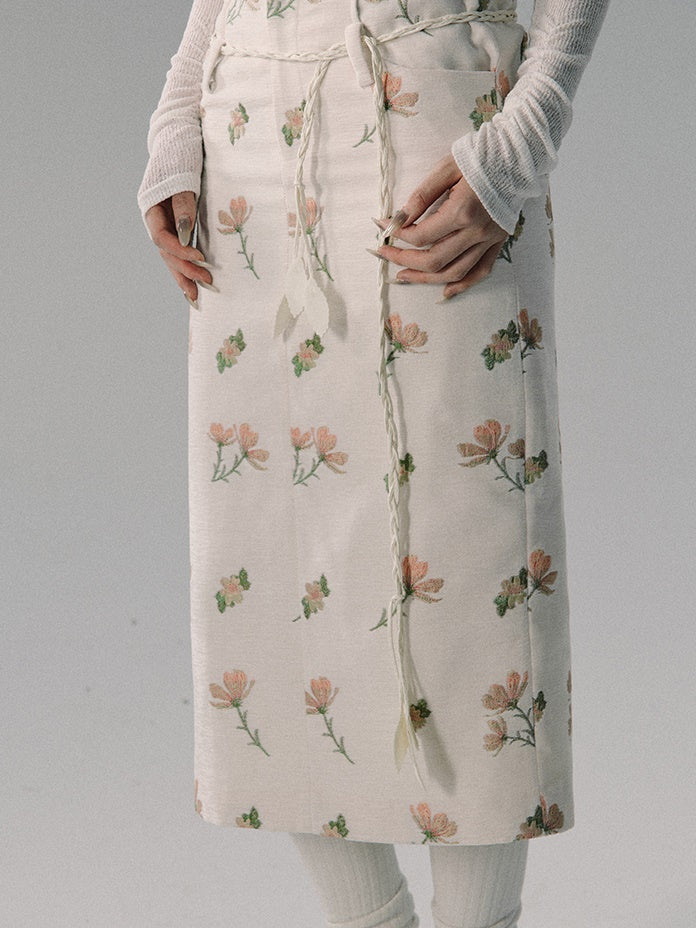 2Type Flower Embroidery Tight I-Line Short Long Skirt