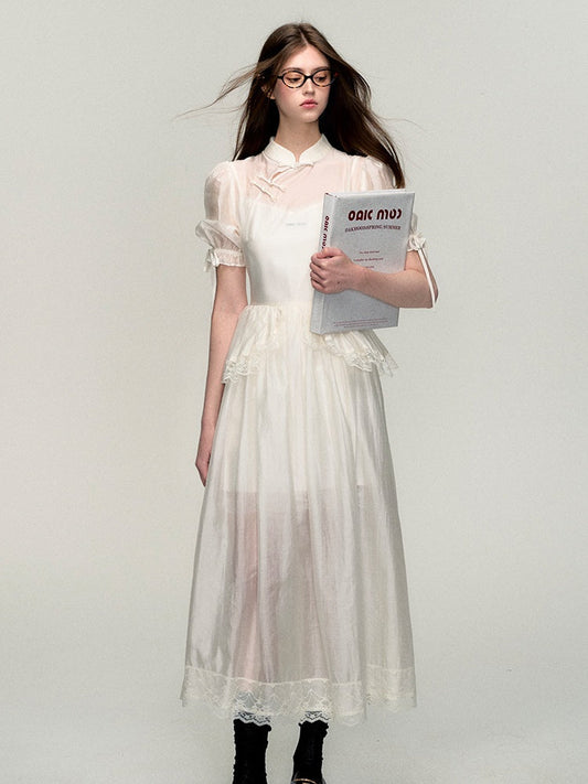 레이스 쉬어 플레어 걸리 롱 레트로 클래식 드레스 