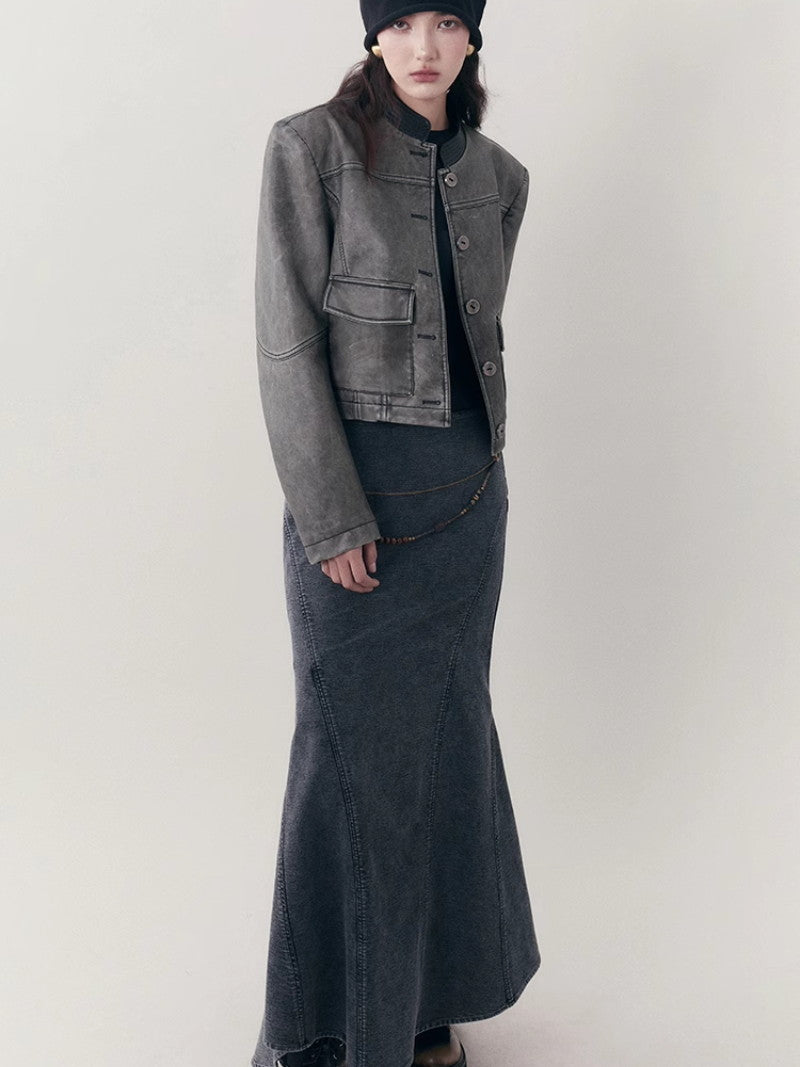 레더 캐주얼 핸썸 셋업 자켓&amp;미니스커트 