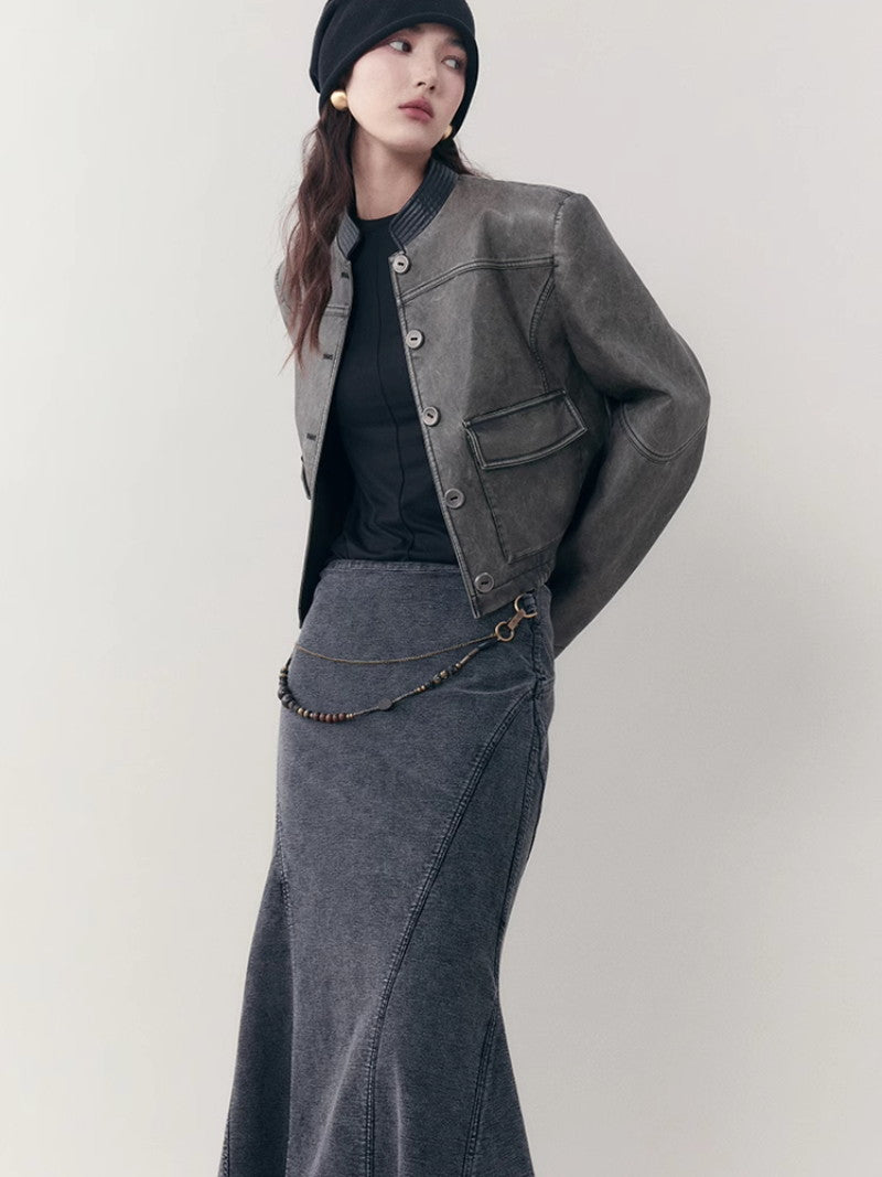 레더 캐주얼 핸썸 셋업 자켓&amp;미니스커트 