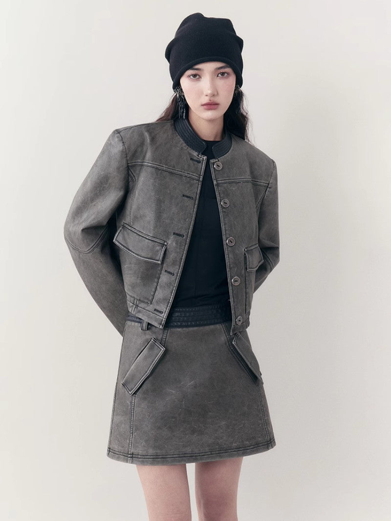 레더 캐주얼 핸썸 셋업 자켓&amp;미니스커트 