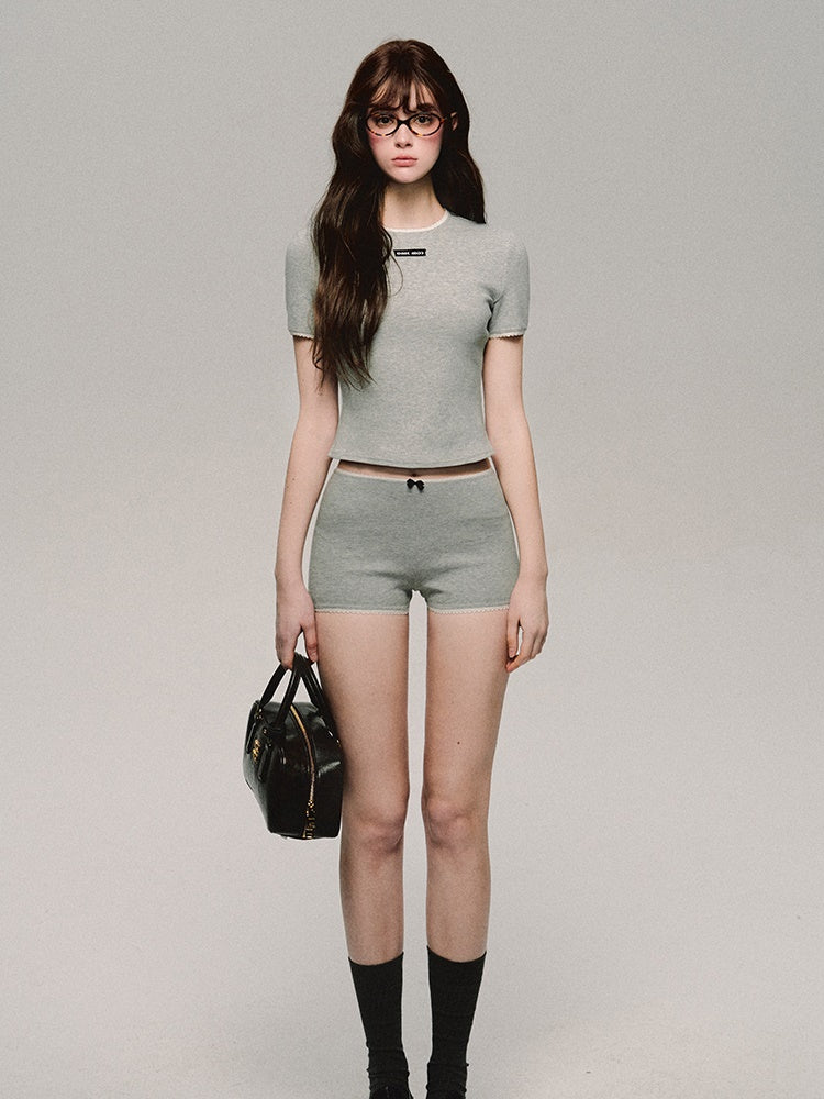 Set-Up Tight Simple Short Bi-Color Casual Tops＆Short-Pants