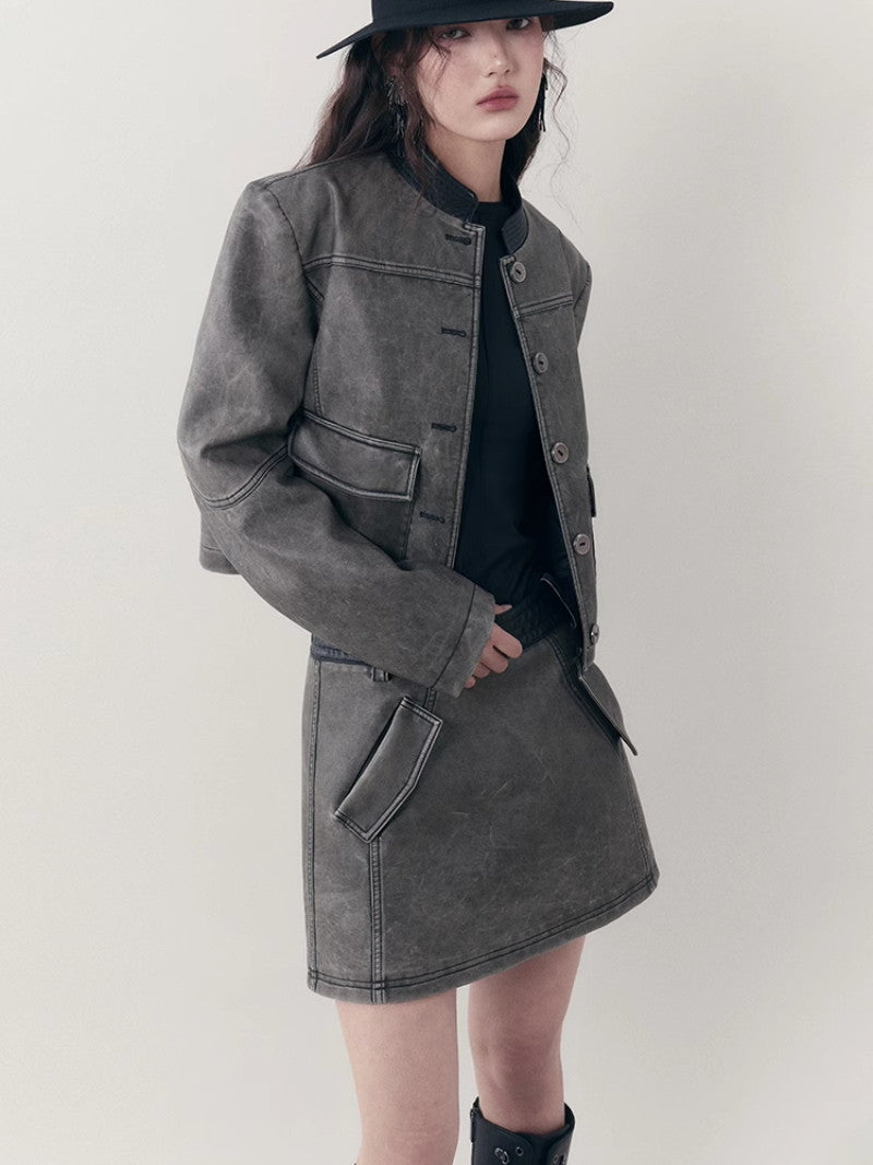 레더 캐주얼 핸썸 셋업 자켓&amp;미니스커트 