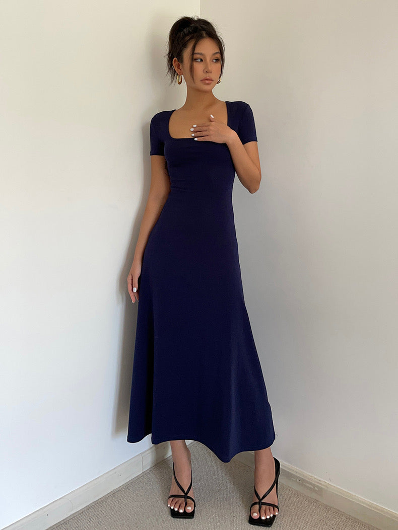 Short Sleeve Flare Maxi Dress in Navy