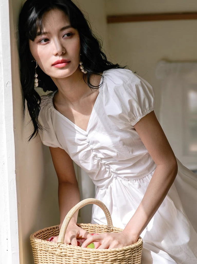 Puff Sleeve Shirring Dress in White