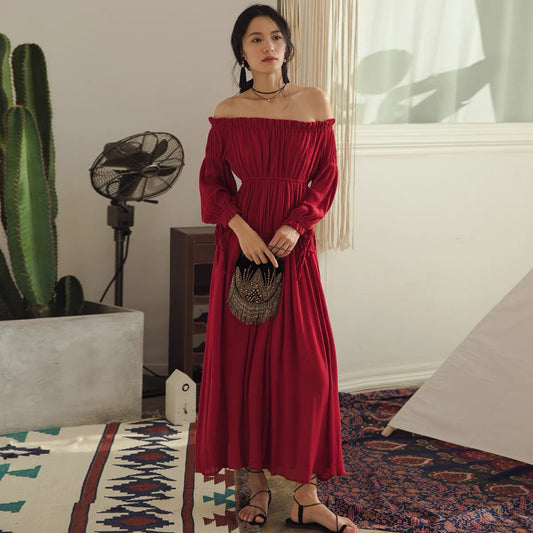 Off Shoulder Blouse Sleeve Maxi Dress in Red