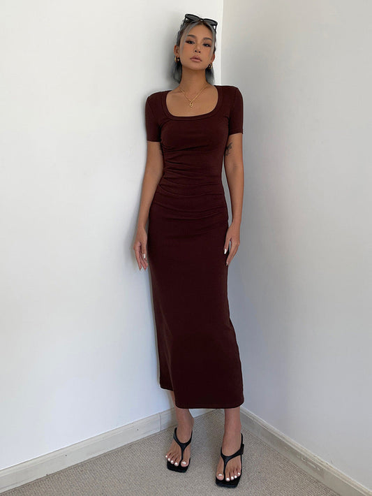 Short Sleeve Fitted Maxi Dress in Dark Brown