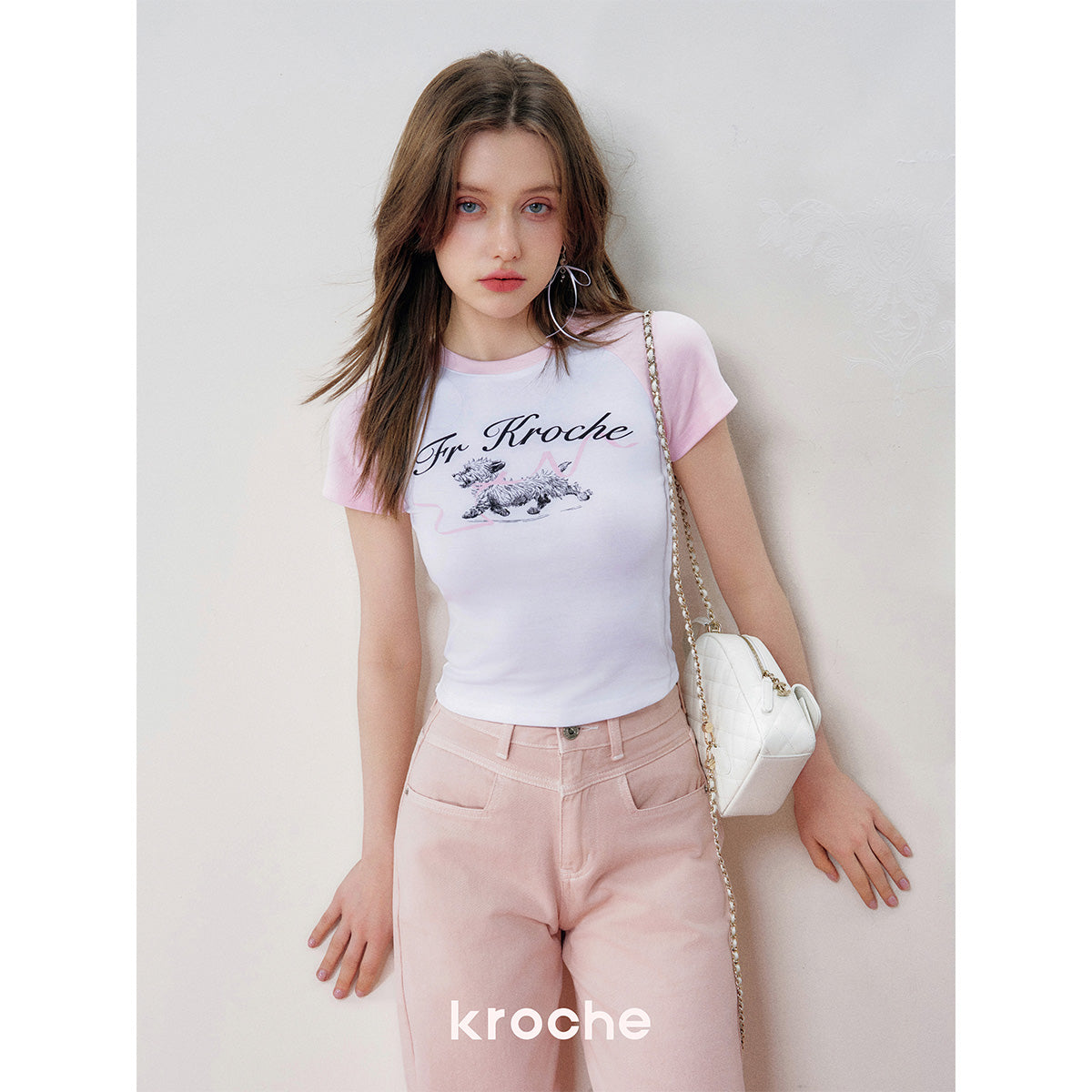 Kroche Hand Painted Puppy Raglan T-Shirt Pink