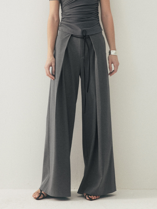 Wide-Leg Pleated Pants with Detachable Belt