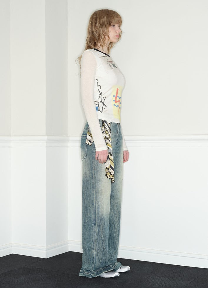 Low-waisted Loose Straight Ripped Blue Jeans RUN0035