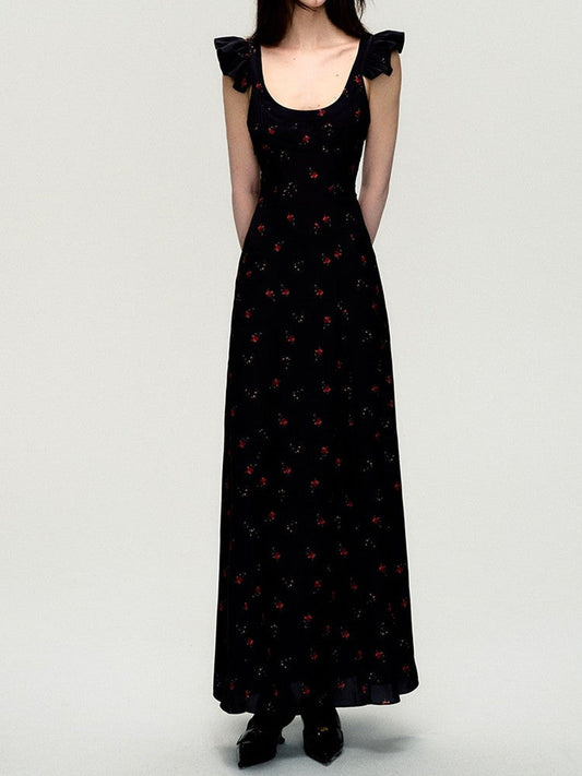 롱 프릴-어깨 무지 심플 플라워 드레스 