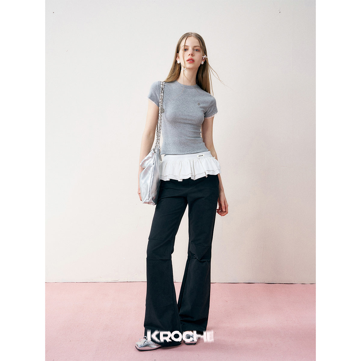 Kroche Lace Sleeve Clean Fit Logo Slim Fit Top Grey