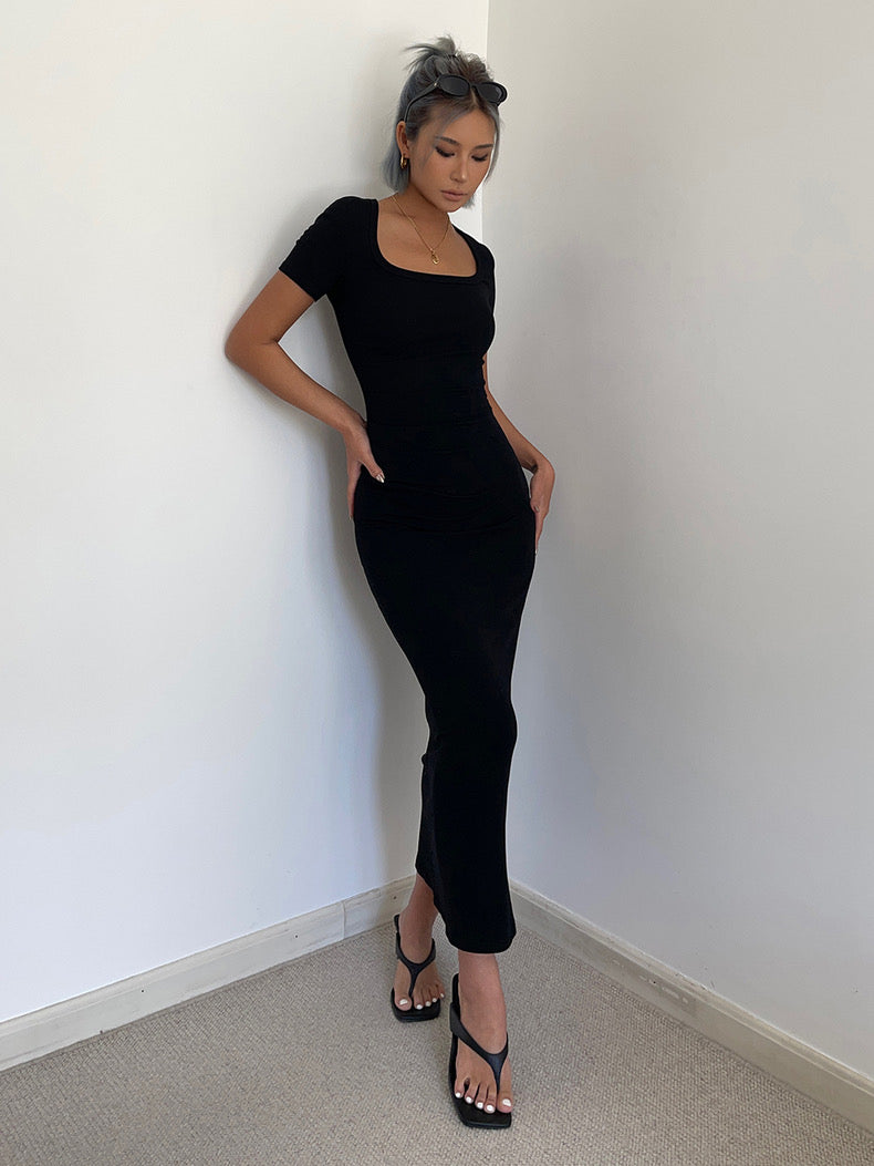 Short Sleeve Fitted Maxi Dress in Black