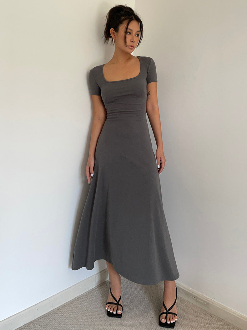 Short Sleeve Flare Maxi Dress in Grey