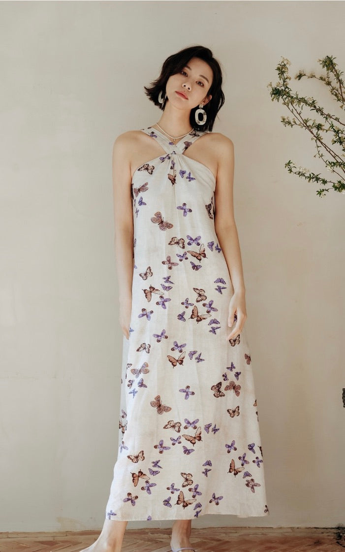 Printed Halter Maxi Dress in Beige