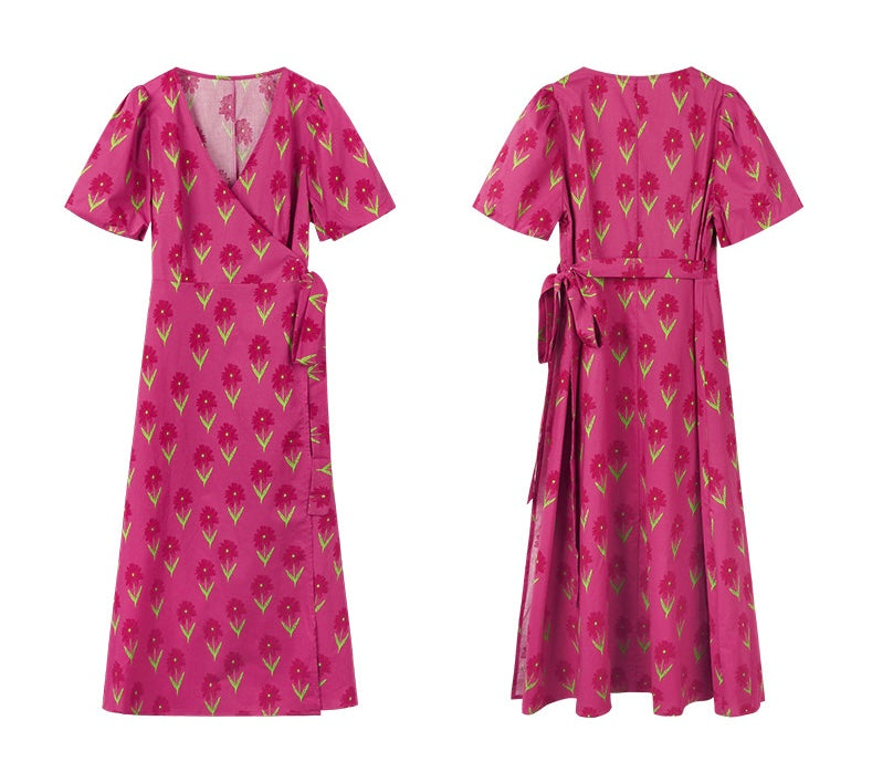 Tulip Puff Sleeve Wrap Dress in Pink