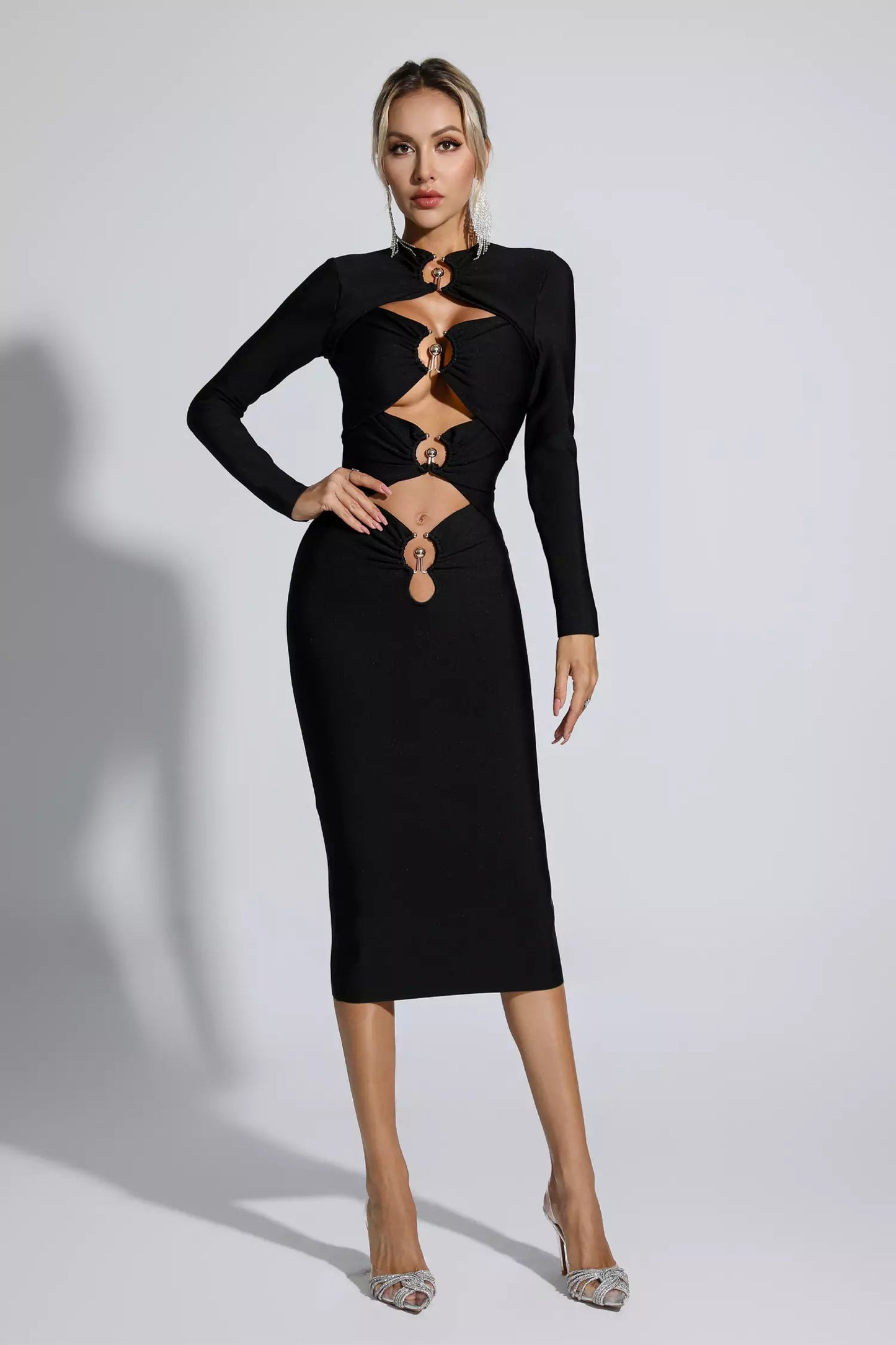 Addilyn Black Hollow Out Bandage Midi Dress