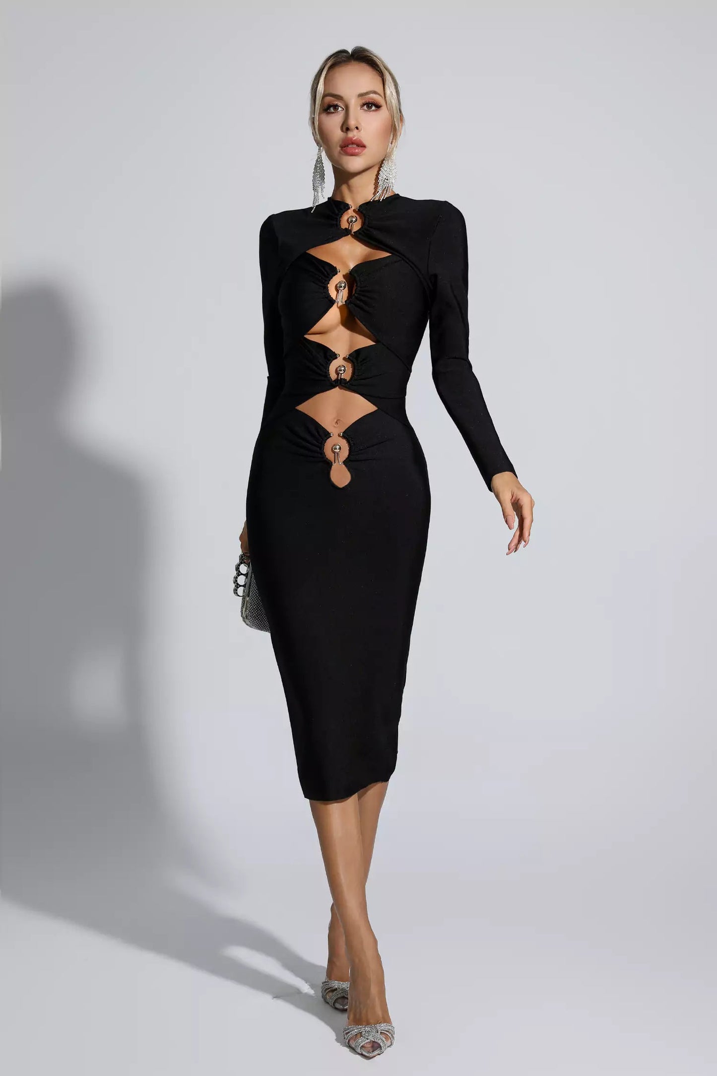 Addilyn Black Hollow Out Bandage Midi Dress