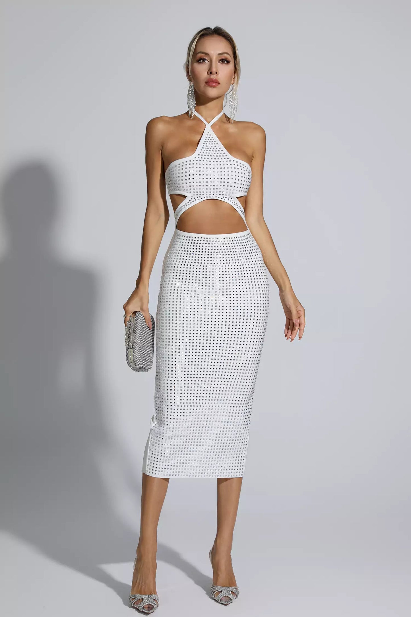 Adriana White Diamante Midi Dress