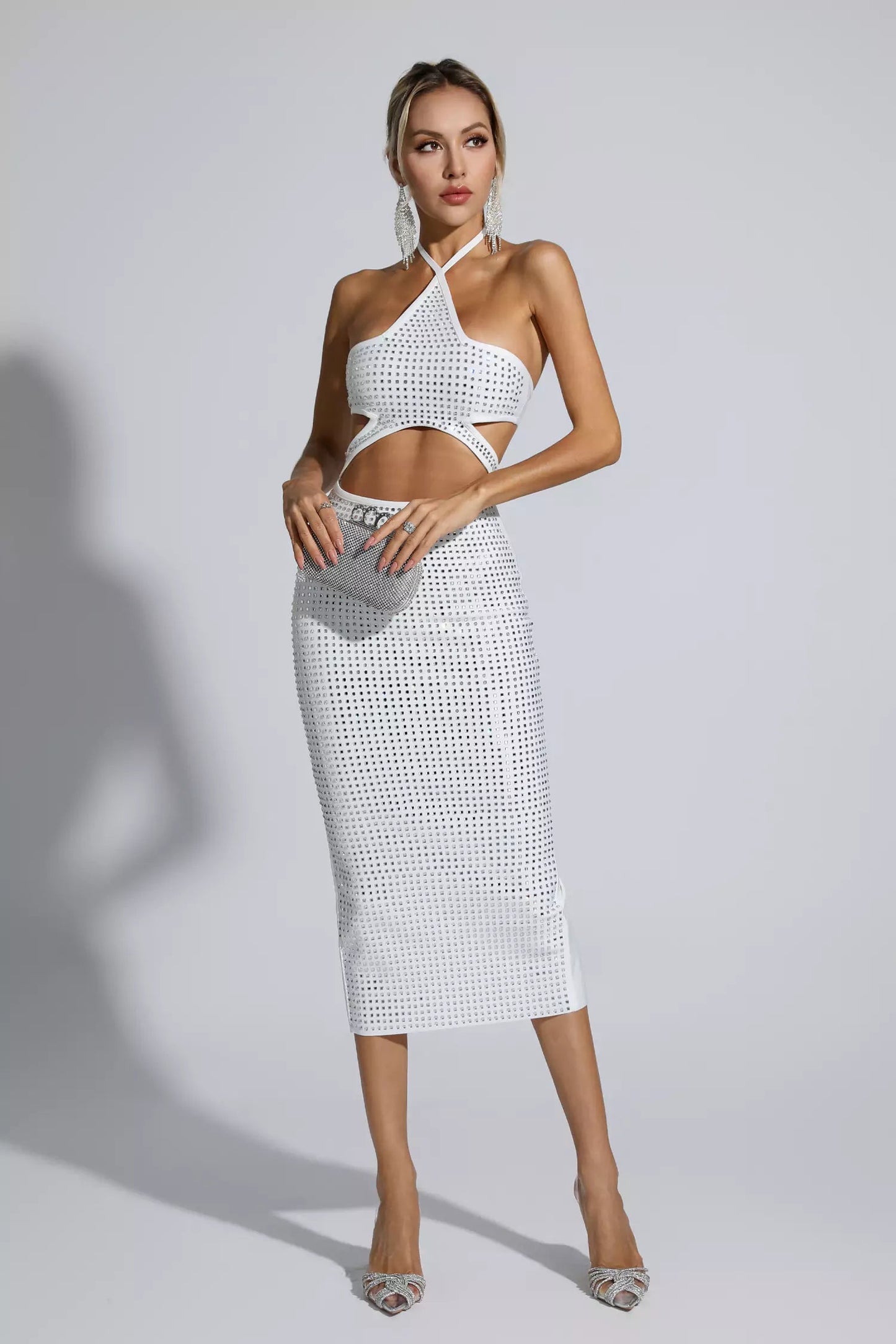 Adriana White Diamante Midi Dress