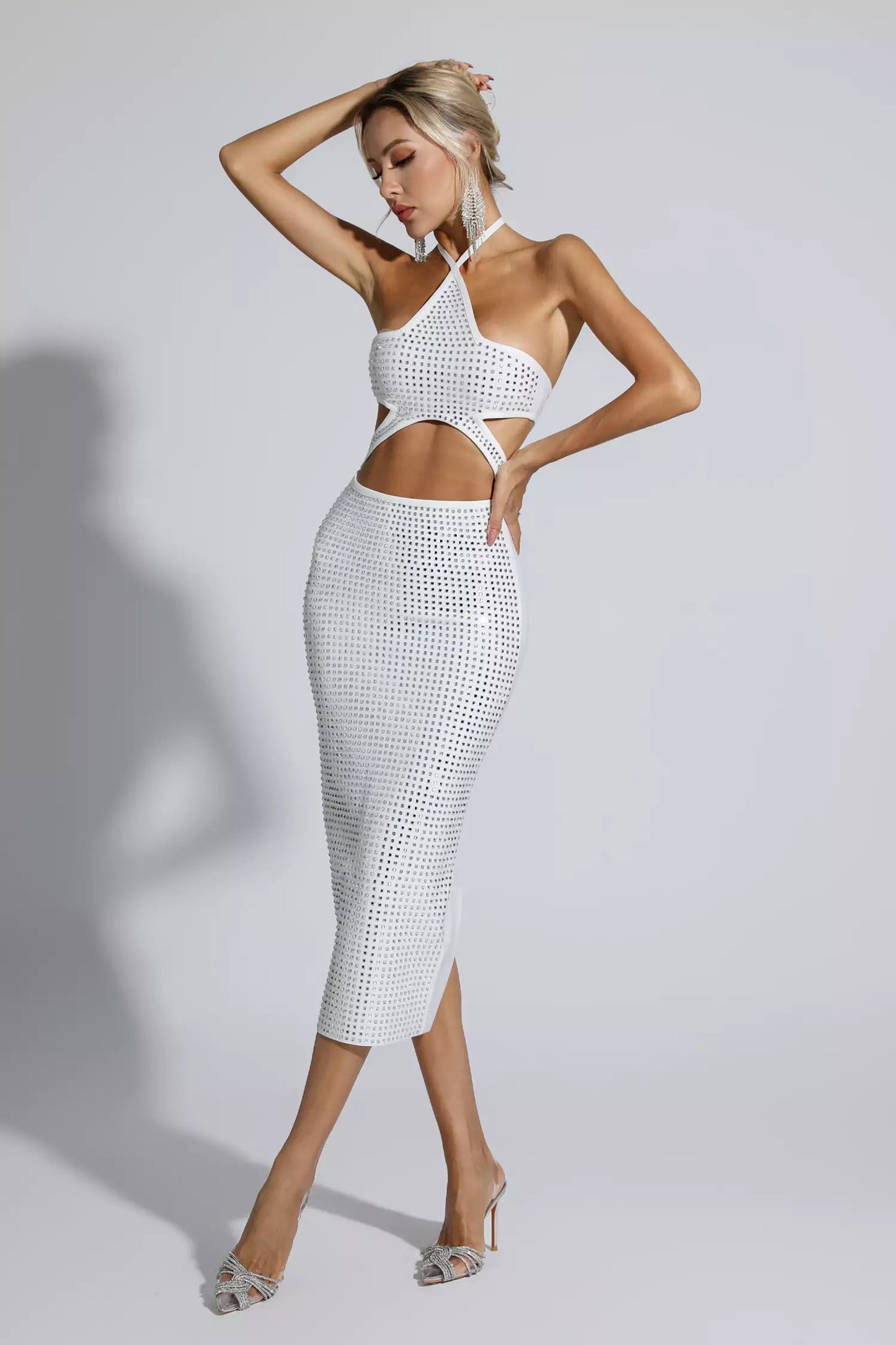 Adriana White Diamante Midi Dress